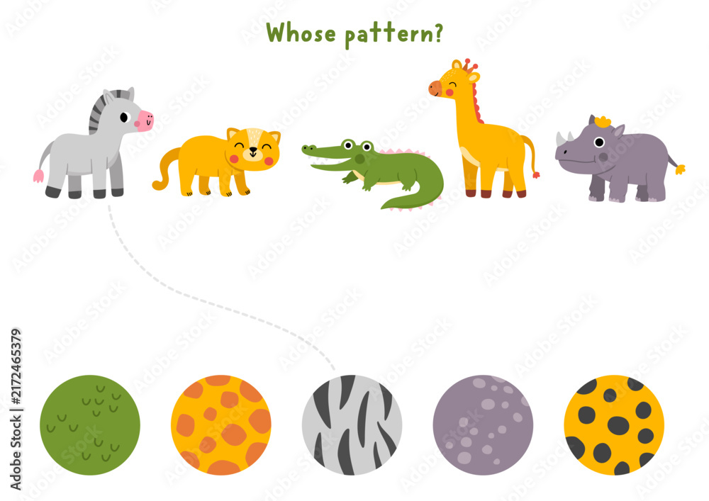 Naklejka premium Safari matching activity with cute animals, their skin patterns. Woodland puzzle with zebra, leopard, crocodile, giraffe, rhinoceros. Match object game with fur ornament. Wildlife printable worksheet