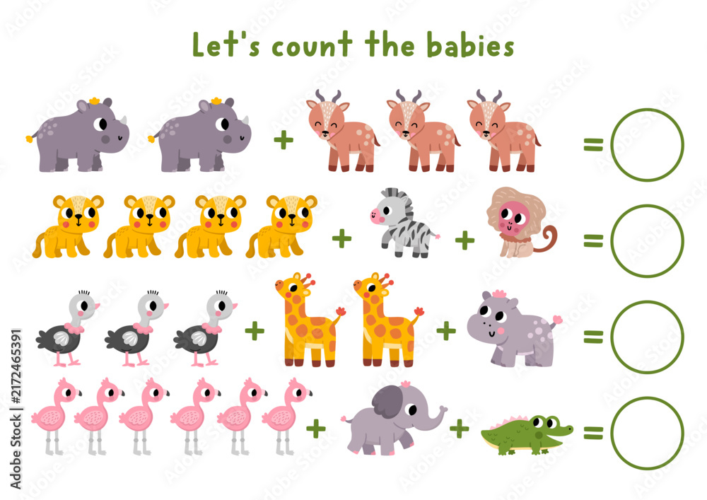 Fototapeta premium Counting game with cute savanna animals, birds. Safari math addition activity for preschool children. Simple sums African savannah printable worksheet for kids with baby lion, giraffe, ostrich, rhino