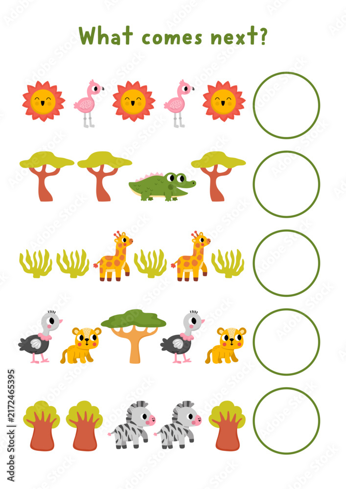 Naklejka premium What comes next. Safari logical activity for preschool children with cute animals, plants. African savanna logic succession worksheet. Savannah continue the row game with giraffe, crocodile, flamingo