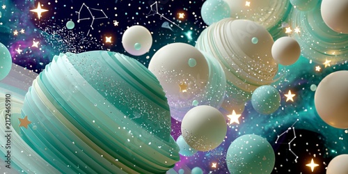 Dreamy cosmic scene with glowing planets, stars, and constellations in soft teal and gold hues, creating a magical, ethereal space atmosphere.