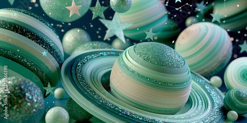 Whimsical cosmic scene with glittering teal and white striped planets, sparkling stars, and shimmering rings against a deep blue space backdrop.