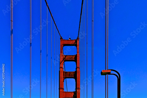 Abstract view of south tower, suspension cables and street light, Golden Gate Bridge 