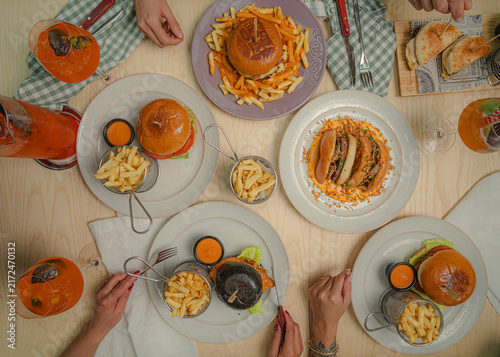 Gourmet breakfast with fresh croissants, toast and colorful fresh ingredients served on a table