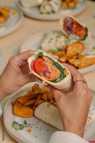 Gourmet breakfast with fresh croissants, toast and colorful fresh ingredients served on a table