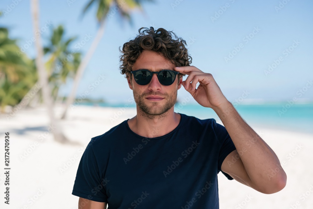 Obraz premium Casual young man wearing sunglasses on a sunny tropical beach background for summer banner or vacation wallpaper