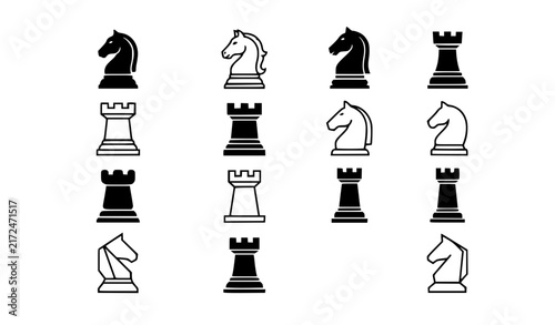Bild auf Leinwand Chess knight and rook outline and filled vector icon set for strategy games