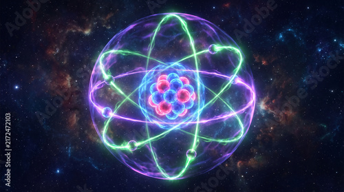 Glowing atom model with orbiting electrons in deep space scientific background