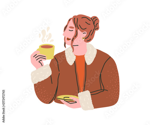 A woman in a brown jacket is enjoying her coffee. A young woman has stepped out for a break a respite from work or studies. A hand-drawn illustration.