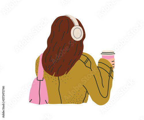 A woman in a green coat with pink bag is enjoying her coffee. A young woman has stepped out for a break a respite from work or studies. A hand-drawn illustration.