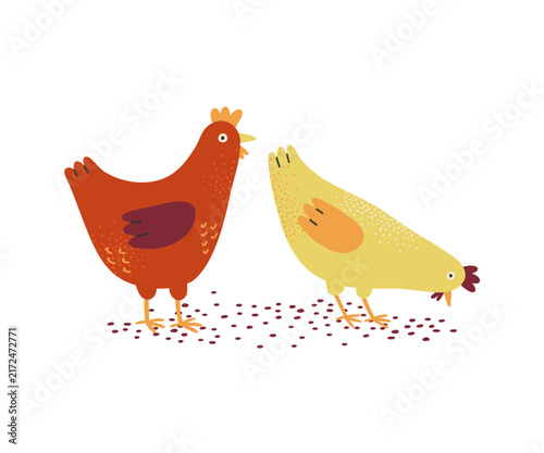 A cute, hand-drawn illustration of a yellow and red chicken. The character is a farm bird suitable for children's books, posters, stickers, and educational projects.