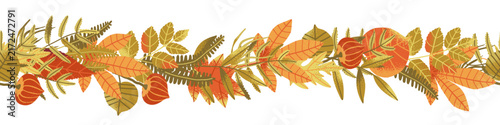 Various autumn red, green, orange leaves textured border decoration. Fall, horizontal decor. Modern botanical decorative flat illustration