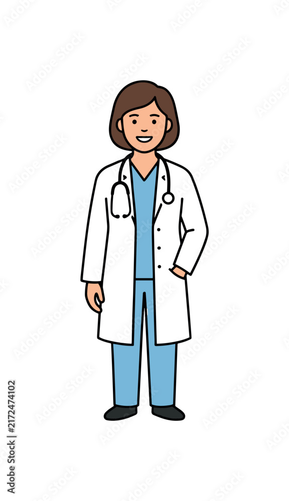 Fototapeta premium Smiling female doctor in white coat and blue scrubs with stethoscope around neck