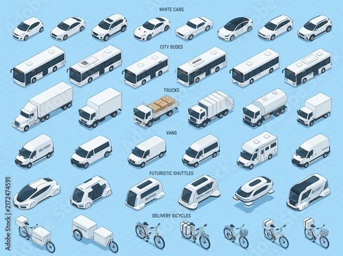 Isometric Transportation Vehicle Collection with Cars City Buses Cargo Trucks Vans Autonomous Shuttles and Bicycles on Blue Background