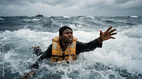Man floats in stormy ocean waves. He wears orange life jacket, reaches out. Surrounded by white foam and crashing waves. Dark clouds loom overhead, distant ship visible. Image conveys survival