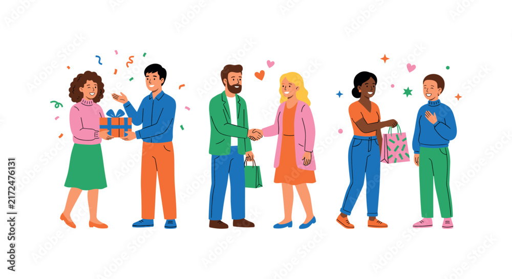 Fototapeta premium Diverse people exchanging gifts and shaking hands in celebration