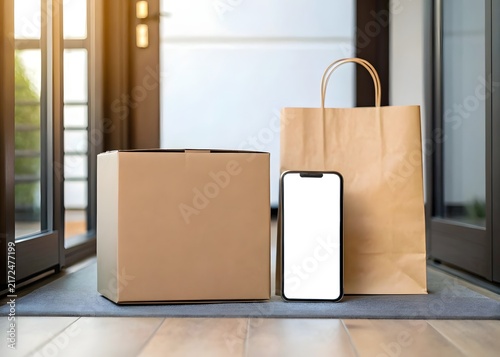 Modern smartphone placed beside cardboard box and shopping bag near window