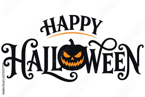Happy halloween text with a spooky jackolantern pumpkin silhouette