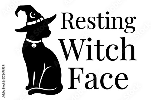 Resting Witch Face text design with a black cat wearing a witch hat for Halloween projects.