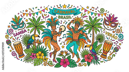 Carnival Dancers and Tropical Elements Illustration