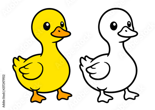 Фотография Cute duck illustration icon in line art style and colored, coloring page for kid
