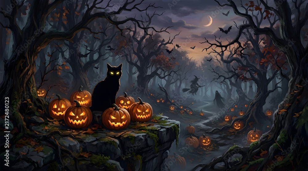 Fototapeta premium Spooky Haunted Forest Landscape with Glowing Jack-o’-Lanterns Under a Crescent Moon