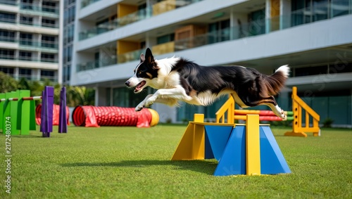 Agile Border Collie Leaping Over Obstacle in Dog Agility Course
