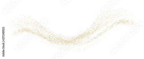 Gold particle confetti fluid wave. Glitter dot dust liquid wave polka. Dynamic golden waves with small particles and shine effects. Vector holiday design elements for Christmas