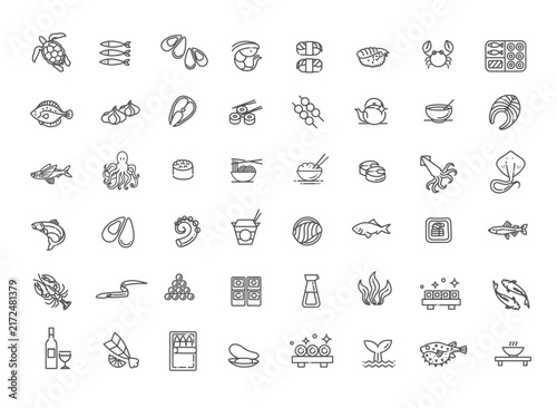 Fish and seafood. Outline icon collection