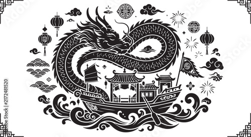 Majestic chinese dragon boat silhouette featuring traditional oriental style elements for lunar new year theme.