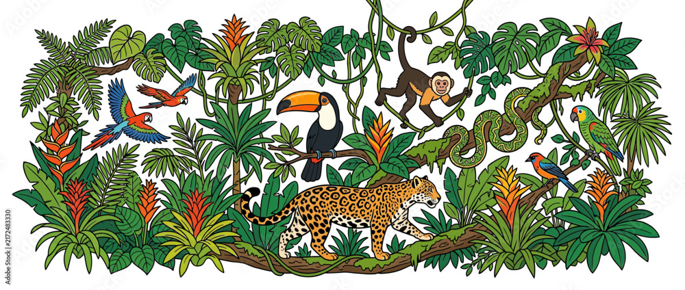 Naklejka premium Jungle Scene with Animals and Lush Tropical Plants