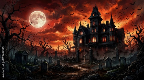 Haunted Gothic Mansion on Halloween Night