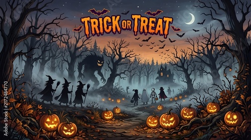 Spooky Halloween Forest with Trick-or-Treat Sign