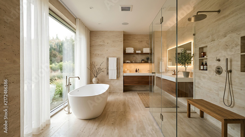 A bright and airy contemporary bathroom features a freestanding soaking tub and a spacious walk-in shower with marble walls.