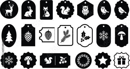Christmas and Winter Decorative Badge Icon Collection with Woodland Animals and Festive Symbols