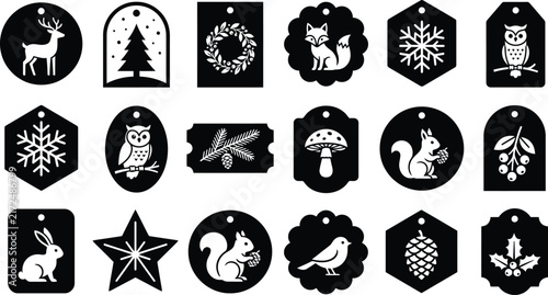 Christmas and Winter Decorative Badge Icon Collection with Woodland Animals and Festive Symbols