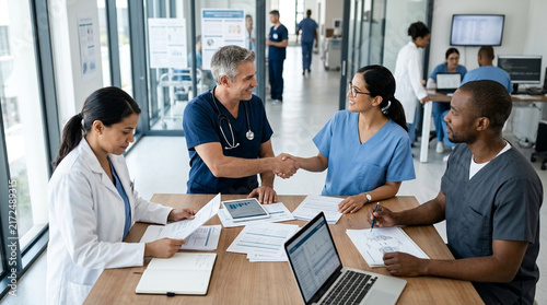 Diverse medical team shaking hands and collaborating on important patient data around a table