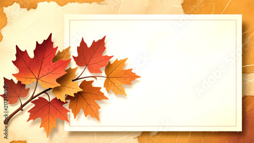 Autumn maple leaves branch and blank card on textured background. for seasonal greetings, invitations, posters, autumn ads, web, creative design, school projects, events, and Thanksgiving themes