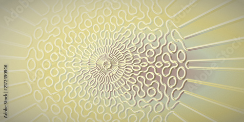 Obraz na plátně Hushed yellow light washes over a curved tile maze, with coral-like relief and a soft meditative glow