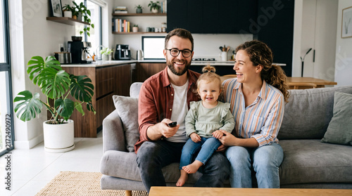 Family with toddler sitting on grey sofa holding television remote con