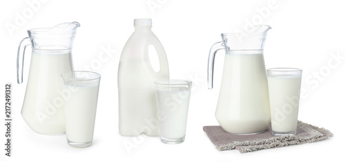 фотографія Fresh milk in different glassware and plastic bottle isolated on white, set