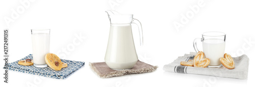 Cuadro en lienzo Milk in different glassware and fresh cookies isolated on white, set