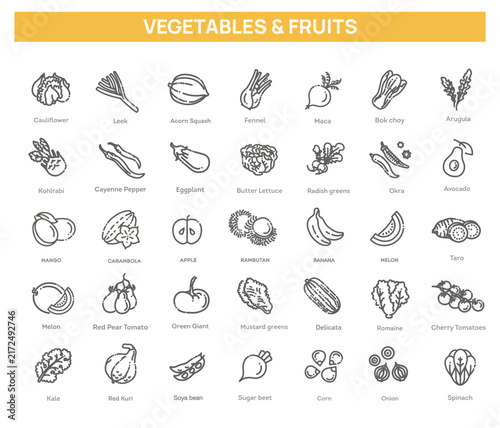 Fresh fruit and vegetables. Vector Icons set