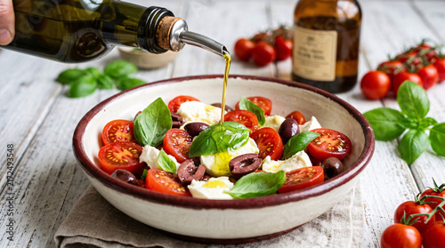 Olive oil pouring over caprese salad with tomatoes and basil