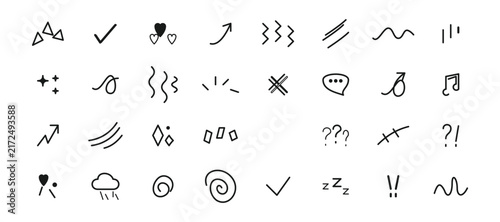 Line element movement hand drawn set. Line doodle sketch hand drawn movement effect icon pencil brush chalk stroke. Cute comic manga emoji emotion stars sparkle heart expression. Vector illustration