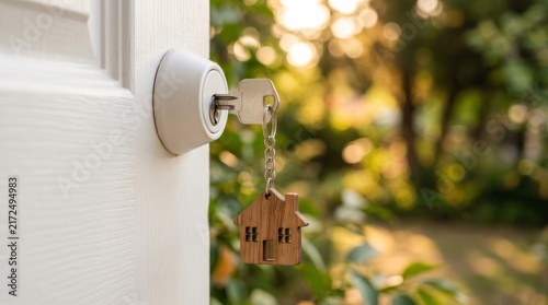 A house key with a wooden home keychain is inserted into a door for a new owner.