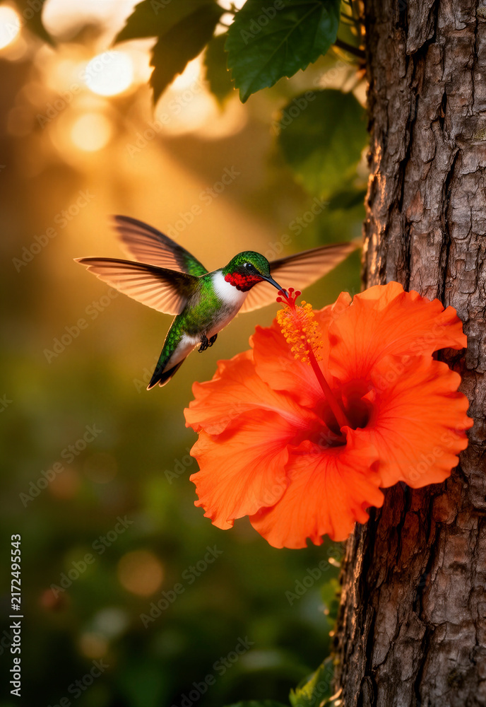 Obraz premium abeja, colibrí, flor, hibisco, naturaleza, vida silvestre, ave, ave tropical, polinización, polinizador, fauna, jardín, vegetación, bosque, árbol, tronco, hojas, néctar, floración, ecosistema, biodive