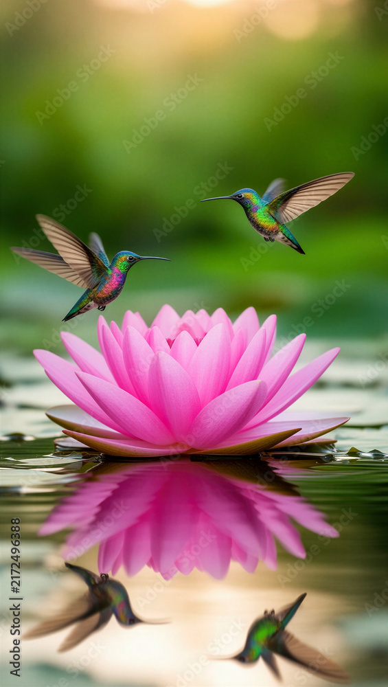 Obraz premium colibrí, aves, ave tropical, vuelo, naturaleza, vida silvestre, fauna, bosque tropical, selva, flor de loto, loto, flor rosa, agua, estanque, reflejo, reflejo en el agua, superficie del agua, biodiver