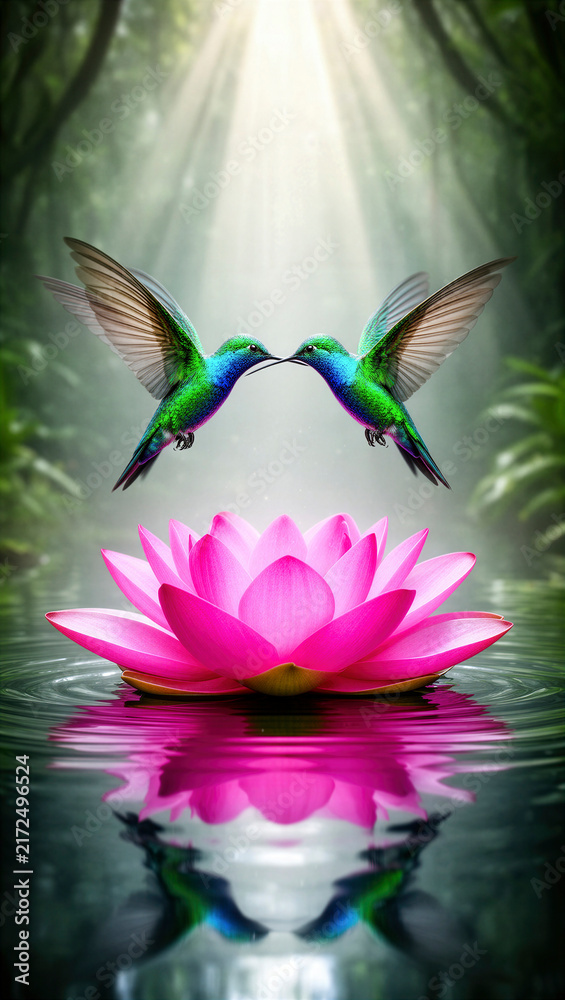 Fototapeta premium colibrí, aves, ave tropical, vuelo, naturaleza, vida silvestre, fauna, bosque tropical, selva, flor de loto, loto, flor rosa, agua, estanque, reflejo, reflejo en el agua, superficie del agua, biodiver