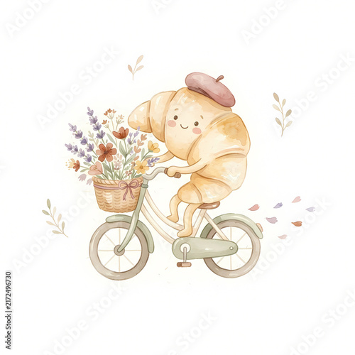 Cute Watercolor Croissant Riding Bicycle with Lavender Flower Basket