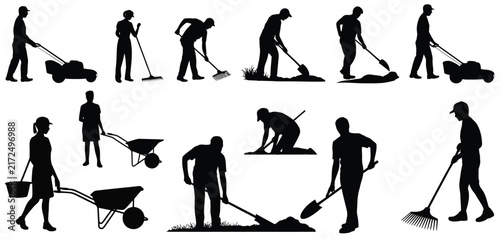 Set of black silhouettes of gardeners and workers using various lawn and garden tools like rakes, shovels, wheelbarrows, and lawnmowers on white background